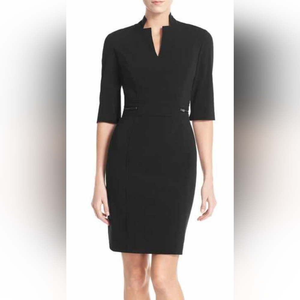 Tahari Bi-Stretch Sheath Dress Black V Neck Notched Collar Zipper Detail